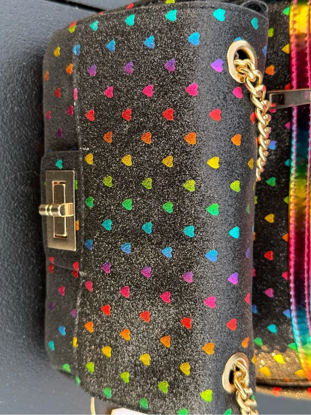 Olivia Miller Black Glitter Heart Backpack and Chain Crossbody with Rainbow Trim